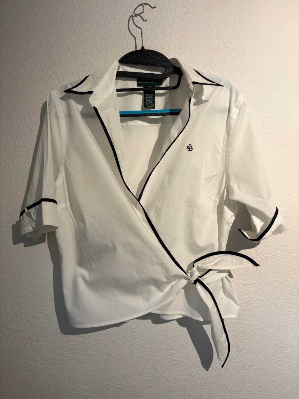 Lauren Ralph Lauren White Wrap Blouse Black Piping Cotton M